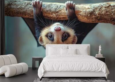 A cute mammal hanging upside down from a branch, showcasing its charming face and playful nature in a serene setting. Wall mural