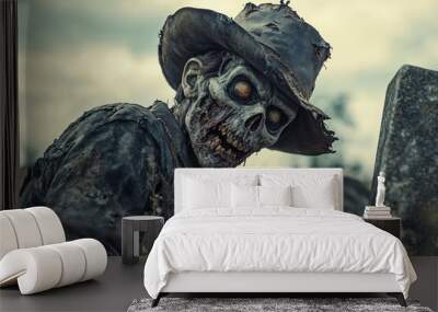 A eerie zombie figure wearing a cowboy hat, rising from a grave in a spooky cemetery, embodying horror and mystery. Wall mural