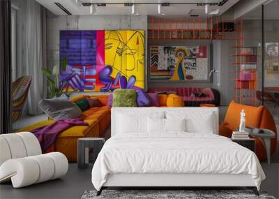 A modern living room with colorful furniture, artwork, and decor. The space is bright and eclectic, with a bold and playful design. Wall mural