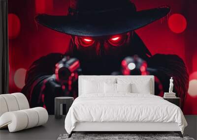 A mysterious figure in a dark environment, wielding two guns, with glowing red eyes and a dramatic hat, exuding danger and intrigue. Wall mural