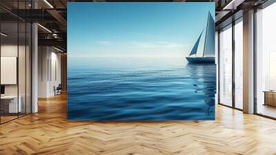 A serene sailboat gliding over calm waters at sunrise, offering a tranquil scene of nature's beauty and peaceful solitude. Wall mural