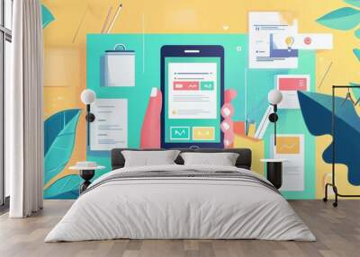 A vibrant illustration of a hand holding a smartphone amidst colorful documents and plants, showcasing modern digital communication. Wall mural