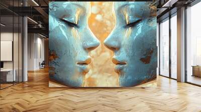 Abstract art featuring two ethereal faces merging in a harmonious blend of colors, conveying emotion and connectivity. Wall mural