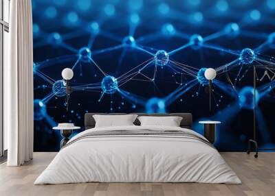 Abstract digital network with interconnected blue nodes representing technology, data, and communication in a futuristic design. Wall mural