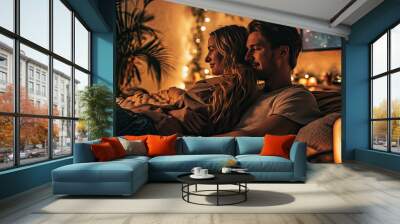 couple sitting on a sofa at home see the movie Wall mural