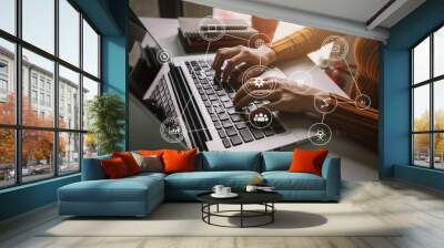 coding software developer work with augmented reality dashboard computer icons with responsive cyber Wall mural