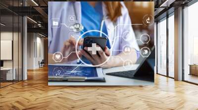 Medicine doctor using digital tablet and smartphone diagnose virtual electronic medical record on interface.Digital healthcare and network on virtual screen technology .. Wall mural