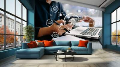 Zero trust security concept Person using computer and tablet with zero trust icon on virtual screen of Data businesses.in modern office. Wall mural