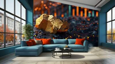 Pure gold ore found in mine on black background with gold price chart  Wall mural