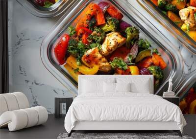 Three containers of healthy meal prep with chicken, broccoli, peppers and onions. Wall mural