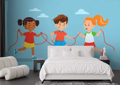 Three happy children playing with a long red rope outdoors on a sunny day.  vector Wall mural