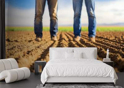 Two farmers stand confidently on a freshly plowed field, ready for a new planting season under a clear blue sky. Wall mural