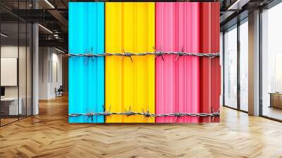 Vibrant colored metal panels with barbed wire creating a striking texture and contrast, ideal for design and industrial themes. Wall mural