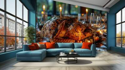 A beautifully arranged festive dinner table featuring a roasted turkey, candles, and seasonal decor for a warm ambiance. Wall mural