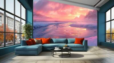 A breathtaking winter landscape with vibrant pink and orange hues over snow-covered mountains and a serene frozen river. Wall mural