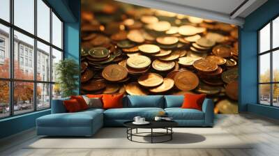 A high-quality image of assorted coins scattered on a surface, showcasing their intricate patterns and metallic shine under warm light. Wall mural