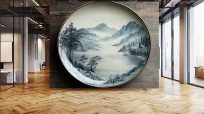 A serene landscape plate featuring mountains and a tranquil river, perfect for enhancing any home decor or collection. Wall mural