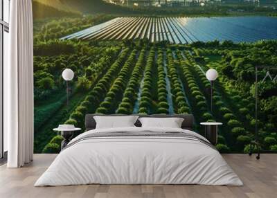 Aerial view of green fields, solar panels, and industrial plants at sunrise with a scenic, eco-friendly and technological landscape. Wall mural