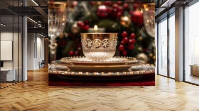 Elegant holiday table setting with beautiful china, crystal glassware, and festive decorations glowing in warm light. Wall mural