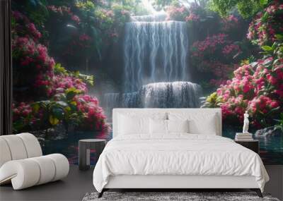 Serene tropical waterfall cascading into a turquoise pool, surrounded by vibrant flowers and lush greenery in a peaceful forest setting. Wall mural