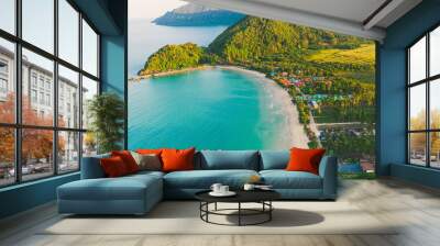 Beach and Sea and mountain  Top View , Wave of Turquoise ocean water on sandy beach, High angle view sea and sand background, Aerial top view of Khanom beach, Khanom, Nakhon Si Thammarat Thailand Wall mural