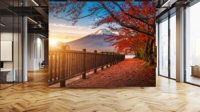 Mt. Fuji over Lake Kawaguchiko with autumn foliage at sunrise in Fujikawaguchiko, Japan. Wall mural