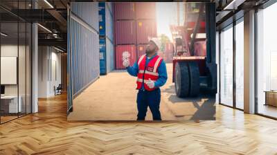 Portrait of African Engineer or foreman wears PPE checking container storage with cargo container background at sunset. Logistics global import or export shipping industrial concept. Wall mural