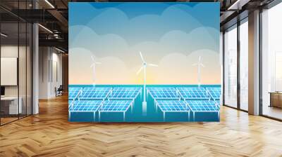 Solar panels and wind turbines installed as renewable station an energy sources for electricity and power supply.Innovation,Green Energy Source. Alternative Renewable Energy.  Wall mural