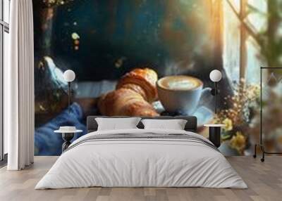 Breakfast: Coffee with croissants and fruit. - 1 Wall mural