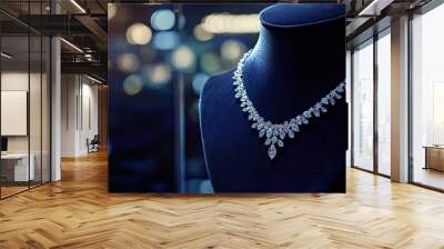 A boutique showcase featuring a diamond necklace draped on a velvet mannequin, its brilliance highlighted by precise lighting Wall mural