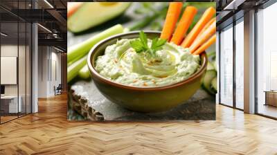 A bowl of creamy avocado dip with a side of fresh vegetable sticks for dipping. Wall mural