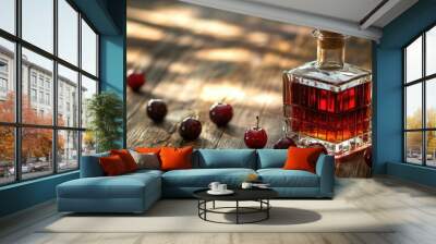 A clear glass bottle of Kirsch liquor placed on a rustic wooden table, with fresh cherries scattered around, highlighting the rich, fruity origins of this cherry-flavored alcohol Wall mural