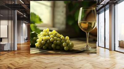 A close-up of a bunch of green grapes and a glass of white wine on an aged wooden table, with plenty of copy space in the background Wall mural