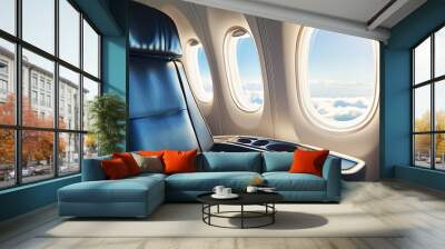 A close-up of empty airplane seats with tray tables stowed and windows slightly open, giving a glimpse of the sky Wall mural