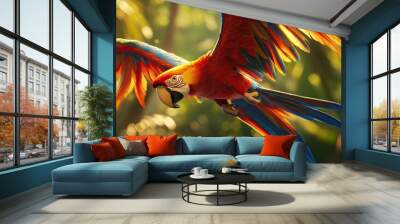 A close-up of two red macaws flying side by side, their colorful feathers shimmering in the sunlight. Wall mural