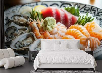 A colorful Japanese sashimi platter showcasing fresh oysters, shrimp, sea urchin, and salmon, garnished with scallops and asparagus on a traditional plate. Wall mural