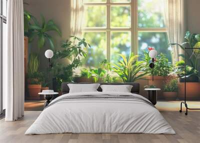 A cozy room filled with a variety of indoor plants in stylish flower pots, showcasing a thriving indoor garden. Natural light streams in, creating a perfect environment for plant care. Wall mural