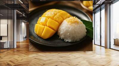 A dessert of yellow mango, sticky rice, and coconut milk on a sleek black plate, with a mango leaf on a wooden table. Wall mural