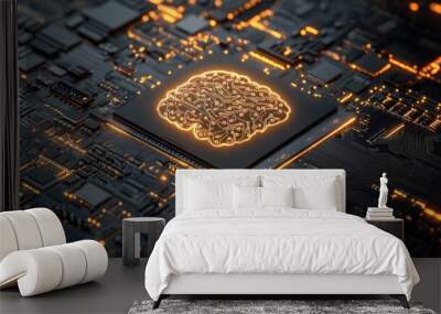 A digital rendering of a motherboard resembling a brain, highlighting its chipset and RAM slots for gaming and AI generation Wall mural