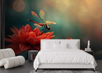 A dragonfly hovering near a vibrant red flower, its wings catching the light. Wall mural