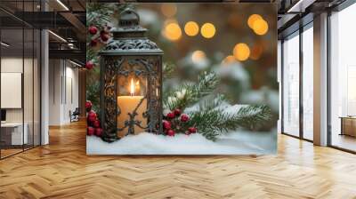 A festive lantern with a burning candle sits on snowy ground, surrounded by holly and pine. Space for a holiday message is available above the lantern. Wall mural