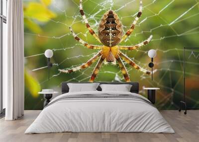 A garden spider in the center of its web, waiting for prey. Wall mural