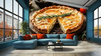 A golden savory pie missing a slice, decorated with rosemary, and surrounded by salt, pepper, and tomatoes on a rustic kitchen table. Home-cooked food for healthy eaters Wall mural