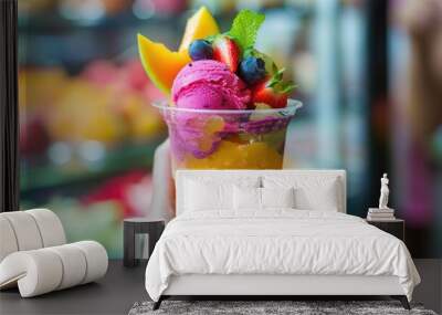 A hand holding a cup of colorful sorbet with fresh fruit garnishes. Wall mural