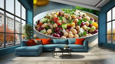 A healthy legume salad with overnight-soaked chickpeas, kidney beans, raw veggies, and a light dressing of herbs and mild spices, served in a clean, minimalist style. Wall mural