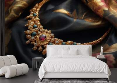 A luxury gold necklace with intricate gemstone work, artistically arranged on a silk fabric, reflecting sophistication and fine craftsmanship Wall mural