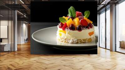 A minimalist presentation of a coconut cake with fruit toppings, on a sleek white plate, set against a contrasting black background with soft shadows Wall mural