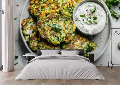 A plate of crispy broccoli and zucchini fritters, garnished with fresh herbs and served with a side of vegan dip. A healthy, vibrant vegan meal perfect for health-conscious eaters Wall mural