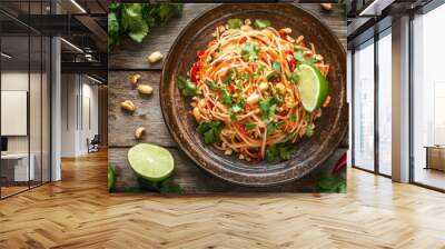 A plate of fresh and spicy papaya salad garnished with peanuts and lime, served on a rustic wooden table with fresh herbs and chilies. Wall mural