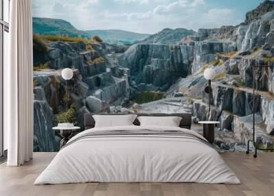 A scenic view of a stone quarry, revealing layers of rock and geological history. Wall mural